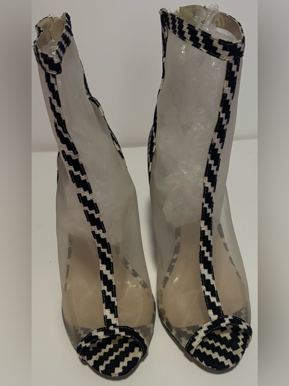 Women’s Clear Mesh Open Toe Heeled Ankle Booties Black White Size 8